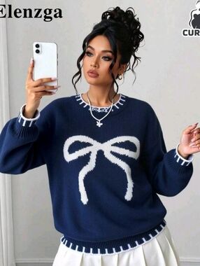 Navy Sweater with White Bow